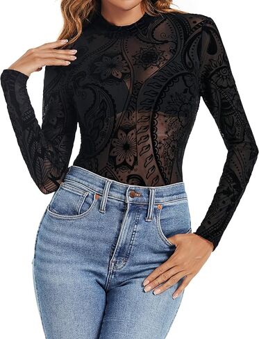 GAMISS Womens Mesh Long Sleeve Top Sheer Shirts Mock Neck See Through Undershirt Top Black Floral M in Kuwait