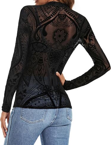 GAMISS Womens Mesh Long Sleeve Top Sheer Shirts Mock Neck See Through Undershirt Top Black Floral M in Kuwait