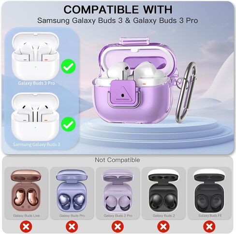 [Secure Lock] for Galaxy Buds Pro 3 Case & Galaxy Buds 3 Case Cover, TUDIOW Clear Shockproof Protective Cover for Samsung Galaxy Buds3 & 3 Pro Accessories with Cleaning Kit& Keychain (Clear Purple) in Saudi Arabia