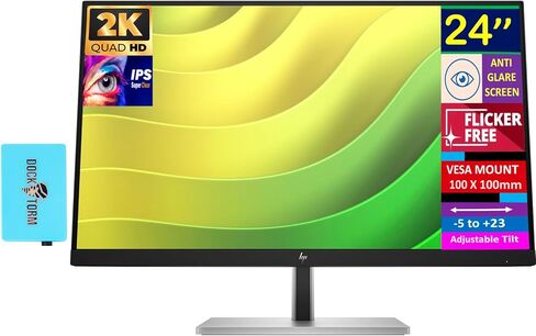 شاشة HP E24q G5 QHD 6N4F1AA#ABA حزمة مع قاعدة Docztorm، شاشة 24 بوصة QHD IPS (2560x1440)، معدل تحديث 75 هرتز، حامل VESA (100x100 مم)، مثالية للمنزل والأعمال، أسود/فضي (2024 أحدث طراز) in Saudi Arabia
