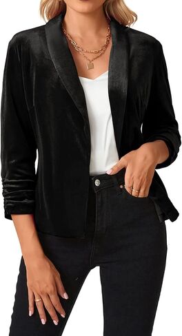 MINTLIMIT Women 3/4 Sleeve Velvet Blazer Open Front Casual Blazers Draped Lapel Office Jacket Cardigan (Dark Green, Size 2XL) in Kuwait