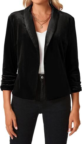 MINTLIMIT Women 3/4 Sleeve Velvet Blazer Open Front Casual Blazers Draped Lapel Office Jacket Cardigan (Dark Green, Size 2XL) in Kuwait