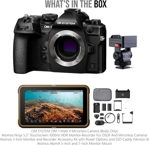 حزمة كاميرا OM SYSTEM OM-1 Mark II بدون مرآة (الجسم فقط) مع مسجل شاشة HDR 1000nit مقاس 5.2 بوصة، ومجموعة ملحقات شاشة ومسجل 5 بوصة، وحامل شاشة 5 بوصة و7 بوصة (4 عناصر) in Kuwait