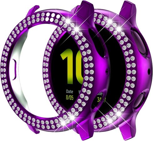 Compatible for Galaxy Watch Active 2 40mm 44mm Double Row Diamond PC Plating Bumper Case Bling Crystal Diamonds Shiny Glitter Frame Hard Protective Shell Cover (Black, Active 2 40mm) in Kuwait