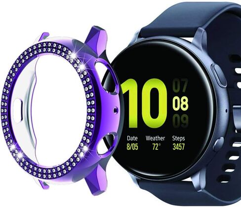 Compatible for Galaxy Watch Active 2 40mm 44mm Double Row Diamond PC Plating Bumper Case Bling Crystal Diamonds Shiny Glitter Frame Hard Protective Shell Cover (Black, Active 2 40mm) in Kuwait