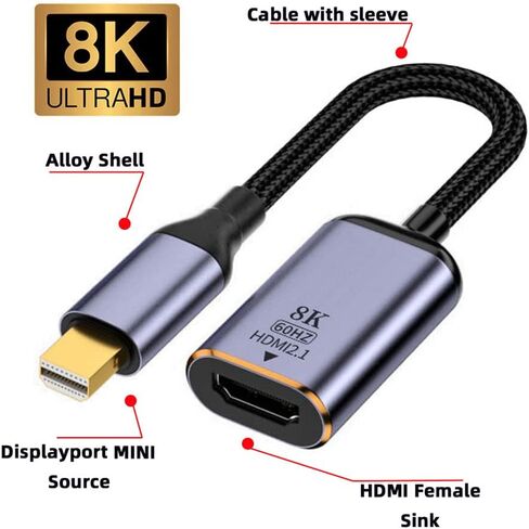 NFHK Mini DisplayPort 1.4 Source to HDMI 2.0 Display 8K 60hz UHD 4K Mini-DP to HDMI Male Monitor Adapter Cable in Saudi Arabia