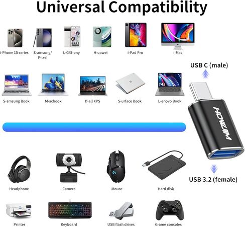 محول USB C إلى USB 2 حزمة، محول HOWJIM USB C ذكر إلى USB3.2 أنثى OTG، شحن سريع 100 واط، نقل 10 جيجابت في الثانية، محول USB A إلى USB C، M-acBook، i-Phone15 16، i-Pad، D-ell XPS، G-alaxy، X-peria، S-urface Black in Saudi Arabia