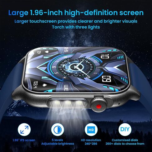 Smartwatch for Men Fitness Watch Android: 1.96" HD Smart Watches for Men LED Flashlight Digital Sport Mens Watch Make/Answer Call Heart Rate Monitor Waterproof 100+ Sports Modes Compatible iOS Phones in Saudi Arabia