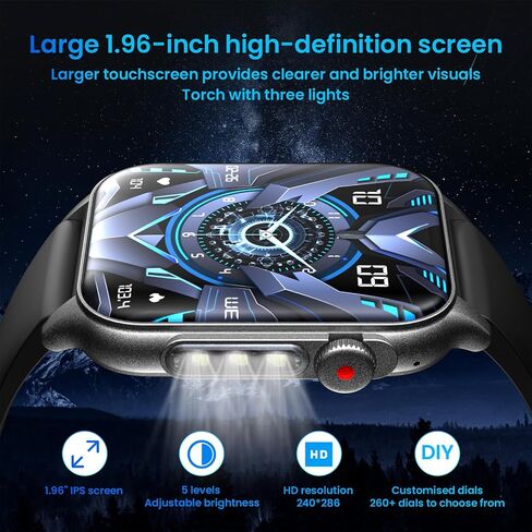 Smartwatch for Men Fitness Watch Android: 1.96" HD Smart Watches for Men LED Flashlight Digital Sport Mens Watch Make/Answer Call Heart Rate Monitor Waterproof 100+ Sports Modes Compatible iOS Phones in Saudi Arabia