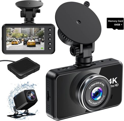 كاميرا داش 4K، كاميرا داش أمامية وخلفية 1080 بيكسل مدمجة بنظام تحديد المواقع العالمي (GPS) مع بطاقة ذاكرة 64 جيجابايت، UHD 3 بوصة IPS 170 درجة زاوية واسعة كاميرا أمامية وخلفية، رؤية ليلية، شاشة وقوف السيارات، WDR (أسود) in Saudi Arabia