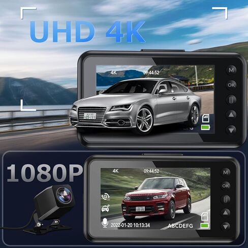 كاميرا داش 4K، كاميرا داش أمامية وخلفية 1080 بيكسل مدمجة بنظام تحديد المواقع العالمي (GPS) مع بطاقة ذاكرة 64 جيجابايت، UHD 3 بوصة IPS 170 درجة زاوية واسعة كاميرا أمامية وخلفية، رؤية ليلية، شاشة وقوف السيارات، WDR (أسود) in Saudi Arabia