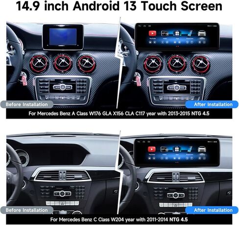 14.9 بوصة أندرويد 13 شاشة لمس لاسلكية Carplay لمرسيدس بنز A Class W176 GLA X156 CLA C117 C Class W204 NTG 4.5/4.7 GPS WiFi ستيريو مشغل وسائط متعددة رئيس وحدة in Saudi Arabia
