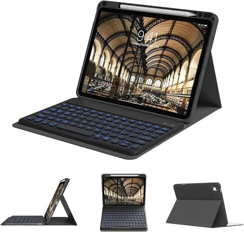 حافظة لوحة مفاتيح kenke لجهاز iPad Air 11 بوصة (M2) 2024، iPad Air الجيل الخامس/الرابع 10.9 بوصة 2022/2020، غطاء قابل للطي مع حامل أقلام رصاص، لوحة مفاتيح لاسلكية قابلة للفصل بإضاءة خلفية 7 ألوان، أسود in Saudi Arabia