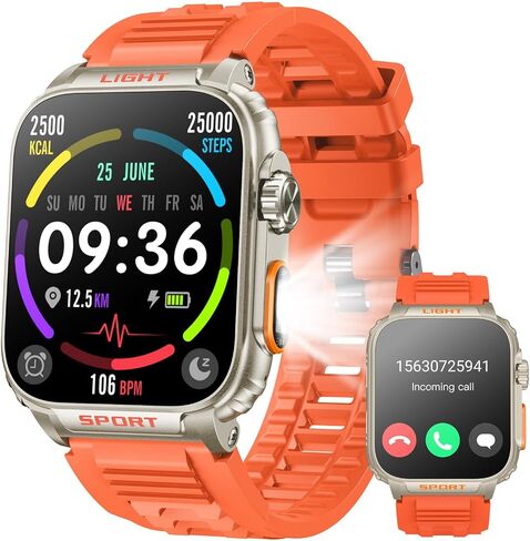 smartwatch for men android fitness Tracker: 1.91" Military Smart Watch with Strong Flashlight Make Answer Bluetooth Call Android Phone iPhone Compatible IP68 Waterproof Step Tracker Heart Rate Monitor in Saudi Arabia