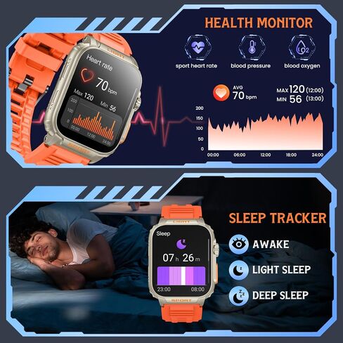 smartwatch for men android fitness Tracker: 1.91" Military Smart Watch with Strong Flashlight Make Answer Bluetooth Call Android Phone iPhone Compatible IP68 Waterproof Step Tracker Heart Rate Monitor in Saudi Arabia