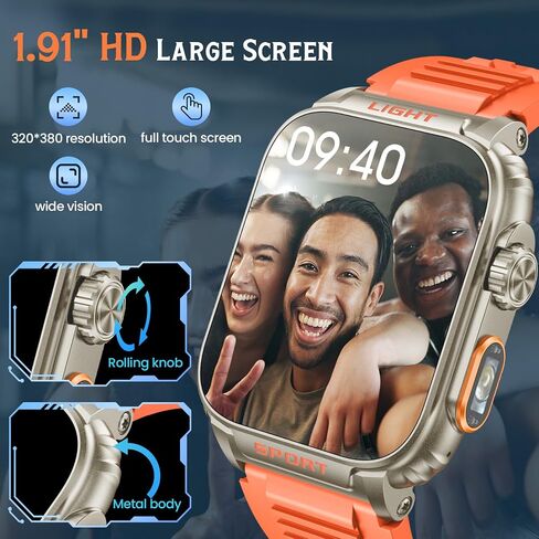 smartwatch for men android fitness Tracker: 1.91" Military Smart Watch with Strong Flashlight Make Answer Bluetooth Call Android Phone iPhone Compatible IP68 Waterproof Step Tracker Heart Rate Monitor in Saudi Arabia