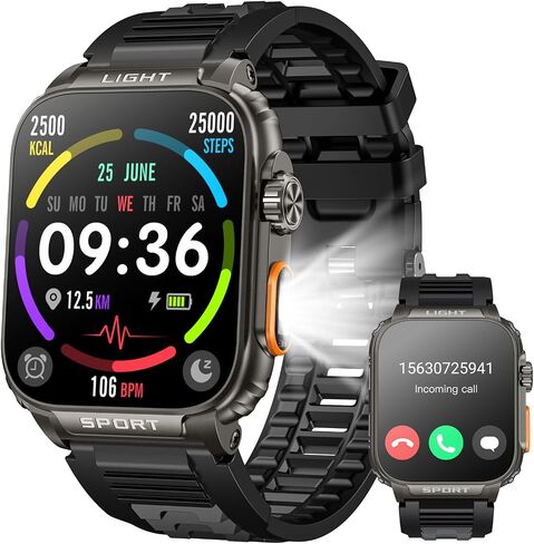 smartwatch for men android fitness Tracker: 1.91" Military Smart Watch with Strong Flashlight Make Answer Bluetooth Call Android Phone iPhone Compatible IP68 Waterproof Step Tracker Heart Rate Monitor in Saudi Arabia