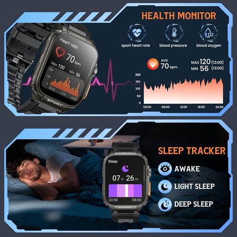 smartwatch for men android fitness Tracker: 1.91" Military Smart Watch with Strong Flashlight Make Answer Bluetooth Call Android Phone iPhone Compatible IP68 Waterproof Step Tracker Heart Rate Monitor in Saudi Arabia