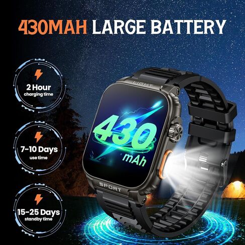 smartwatch for men android fitness Tracker: 1.91" Military Smart Watch with Strong Flashlight Make Answer Bluetooth Call Android Phone iPhone Compatible IP68 Waterproof Step Tracker Heart Rate Monitor in Saudi Arabia