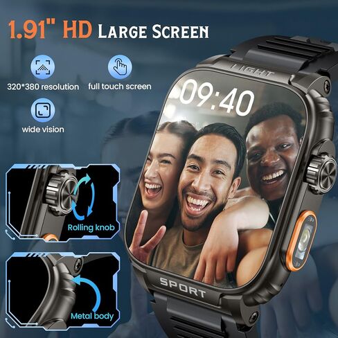 smartwatch for men android fitness Tracker: 1.91" Military Smart Watch with Strong Flashlight Make Answer Bluetooth Call Android Phone iPhone Compatible IP68 Waterproof Step Tracker Heart Rate Monitor in Saudi Arabia