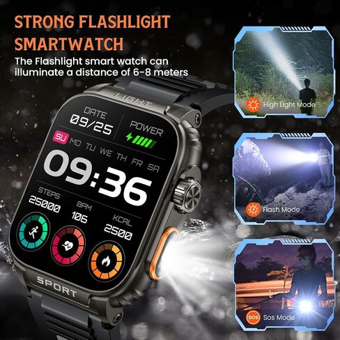 smartwatch for men android fitness Tracker: 1.91" Military Smart Watch with Strong Flashlight Make Answer Bluetooth Call Android Phone iPhone Compatible IP68 Waterproof Step Tracker Heart Rate Monitor in Saudi Arabia