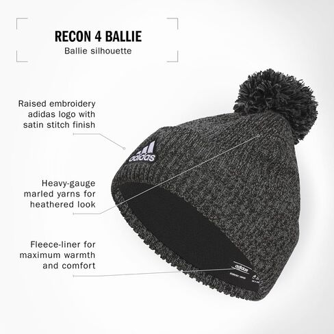قبعة Recon Ballie الصغيرة للرجال من adidas، قبعة/قبعة شتوية متماسكة مبطنة بالصوف ذات مقاس قياسي مع بوم in Kuwait