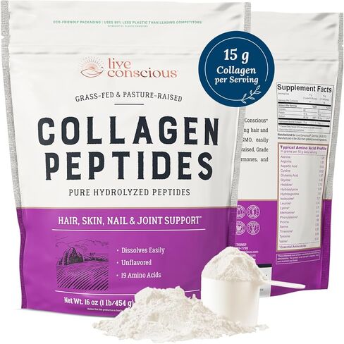 Live Conscious Collagen Peptides Powder Unflavored Packets-Hydrolyzed Collagen Powder-Hair, Skin, Nail, & Joint Support-Type I & III Grass-Fed Collagen Supplements for Women and Men - Pack of 20 (2Pk) in Kuwait