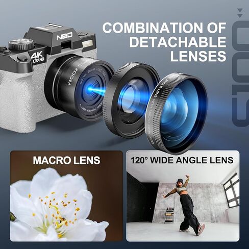 كاميرات رقمية 4K للتصوير الفوتوغرافي من NBD - كاميرا تصوير فوتوغرافي للسفر ومدونات فيديو على YouTube بدقة 48 ميجابكسل مع ميكروفون وقبضة حامل ثلاثي القوائم، تكبير رقمي 16X، تتضمن بطاقة SD سعة 32 جيجابايت وعدسة ماكرو واسعة الزاوية in Kuwait
