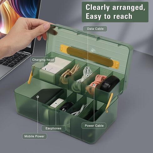 NatureTouch Cable Organizer Storage Box with Handle，Double Layers Desktop Cable Management Box with Lid，Power Cord Organizer with 11 Compartments for Office,Home,Desk in Saudi Arabia