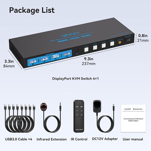 8K@60Hz DisplayPort KVM Switch 4 Computers 1 Monitor USB3.0 4K120Hz 4 Ports DP KVM Switches 4 in 1 Out for 4 Computers Share 1 Monitor and Keyboard Mouse etc. with 4 USB Cable and Wireless Controller in Saudi Arabia