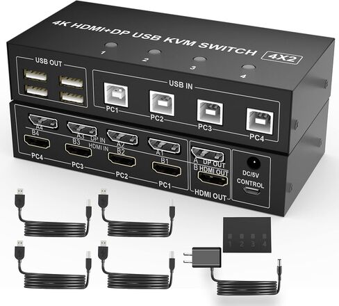 4 Port HDMI + DisplayPort KVM Switch Dual Monitor, UHD 4K@60Hz, KVM Switch 2 Monitors 4 Computers with 4 USB 2.0 Hub, Keyboard Video Mouse Peripherals Switcher for 4 PCs Dual Monitors in Saudi Arabia