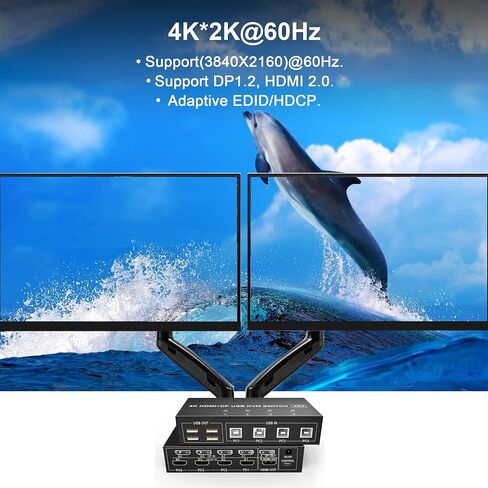 4 Port HDMI + DisplayPort KVM Switch Dual Monitor, UHD 4K@60Hz, KVM Switch 2 Monitors 4 Computers with 4 USB 2.0 Hub, Keyboard Video Mouse Peripherals Switcher for 4 PCs Dual Monitors in Saudi Arabia