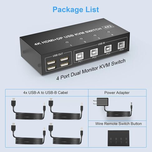 4 Port HDMI + DisplayPort KVM Switch Dual Monitor, UHD 4K@60Hz, KVM Switch 2 Monitors 4 Computers with 4 USB 2.0 Hub, Keyboard Video Mouse Peripherals Switcher for 4 PCs Dual Monitors in Saudi Arabia