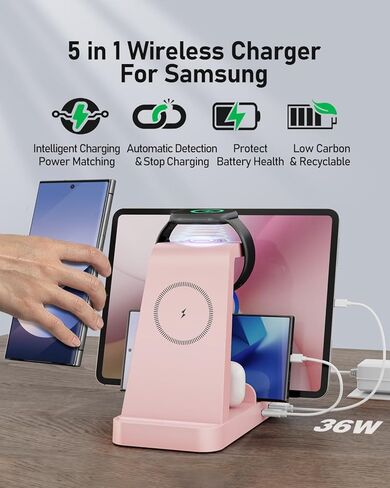 5 in 1 Wireless Charger for Samsung, Wireless Charging Station for Multiple Devices, Fast Charger Stand Dock, for Samsung Galaxy S24 Ultra S23 S22 S20 Note 20 10 Z Fold 6 Galaxy Watch 7 6 5 Buds,Black in Kuwait