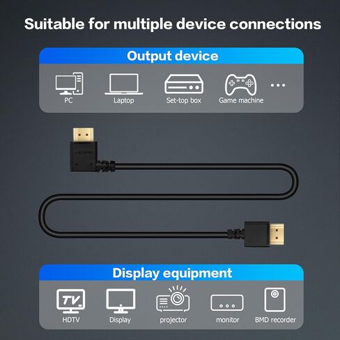 YACSEJAO 8K HDMI 2.1 Right Angle Cable 6.6FT 90 Degree 48Gbps High Speed HDMI Male to Male Cable for 4K@120Hz 8K@60Hz 2K@240Hz (Right Angle) in Kuwait