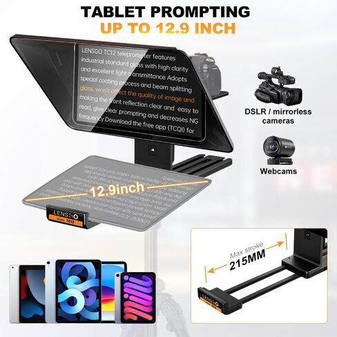 LENSGO Teleprompter for Camera and iPad 12.9'' with Remote Control APP Compatible with iOS/Android for Vlogger,Video, Live Streaming, Interviews,Online Teaching (TC12) in Kuwait
