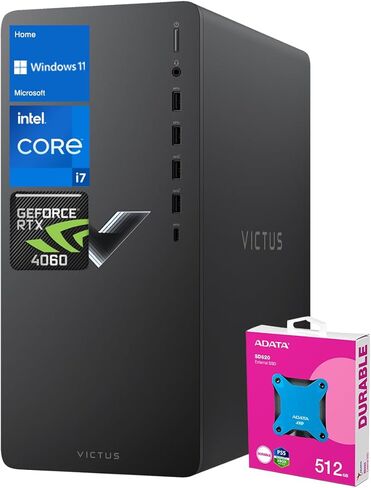 كمبيوتر HP Victus 15L i7 RTX 4060 Ultimate Gaming Desktop، Intel i7-14700F، GeForce RTX 4060، ذاكرة الوصول العشوائي 64 جيجابايت، 4 تيرابايت SSD، RJ-45، DisplayPort، Wi-Fi 6، Windows 11 Home، حزمة سوداء مع Adata 512 SSD خارجي in Kuwait