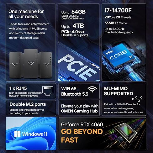 كمبيوتر HP Victus 15L i7 RTX 4060 Ultimate Gaming Desktop، Intel i7-14700F، GeForce RTX 4060، ذاكرة الوصول العشوائي 64 جيجابايت، 4 تيرابايت SSD، RJ-45، DisplayPort، Wi-Fi 6، Windows 11 Home، حزمة سوداء مع Adata 512 SSD خارجي in Kuwait