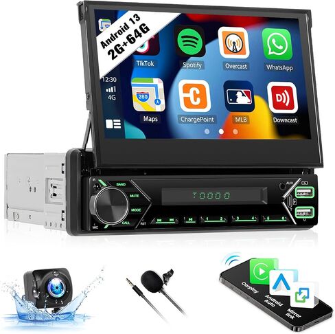 (Auto Flip Out) Single Din Car Stereo Screen with Wireless Carplay Android Auto 7 Inch Touch Screen Car Stereo with Bluetooth Mirror Link FM AUX MIC Steering Wheel Control 7 Color Lights in Saudi Arabia