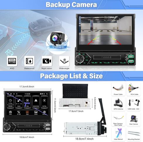 (Auto Flip Out) Single Din Car Stereo Screen with Wireless Carplay Android Auto 7 Inch Touch Screen Car Stereo with Bluetooth Mirror Link FM AUX MIC Steering Wheel Control 7 Color Lights in Saudi Arabia