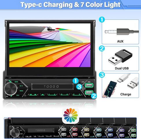 (Auto Flip Out) Single Din Car Stereo Screen with Wireless Carplay Android Auto 7 Inch Touch Screen Car Stereo with Bluetooth Mirror Link FM AUX MIC Steering Wheel Control 7 Color Lights in Saudi Arabia