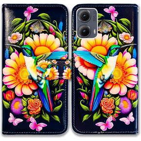 Bcov Case for Motorola Edge 2024,Blue Butterfly Flowers Rose Leather Flip Phone Case Wallet Cover with Card Slot Holder Kickstand Case for Motorola Edge 2024