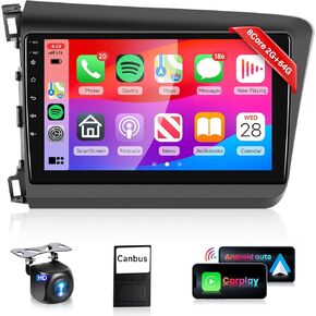 8Core 2G 64G Radio for Honda Civic 2012 2013 2014 2015 Car Stereo with 9inch 1280x720P HD IPS Touch Screen Wireless Carplay Android Auto 5.0 Bluetooth DSP/46EQ 59UIs FM/RDS WiFi GPS AHD Backup Camera