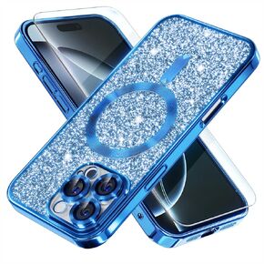 Misea Magnetic for iPhone 15 Pro Max Case Compatible with MagSafe [Military Grade Drop Protection] Full Camera Lens Protector Plating Glitter Soft Phone Case for Women Girls, Gold