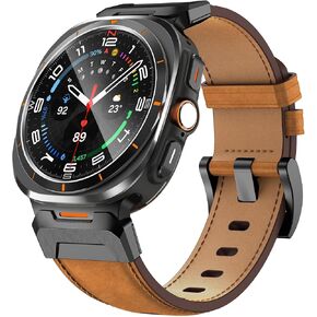 FULLIFE Leather Bands Compatible with Samsung Galaxy Watch 7 Ultra Bands 47mm, Sturdy Stainless Steel Metal Connector Widened Genuine Leather Strap for Samsung Watch Ultra 7 Accessories for Men Women