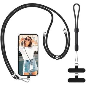 SS Cell Phone Lanyard, 2 Pack Adjustable Phone Lanyard Crossbody Neck Strap & 2 Phone Wrist Strap with 2 Phone Tether Patches for Most Smartphones, Black Grey