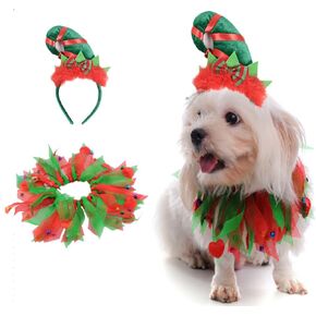 2PCS Dog Cat Christmas Costume Christmas Collar and Elf Headband Christmas Red and Green Collar Costume for Puppy Kitty Christmas Pet party Dress Xmas Set Clothes (B)