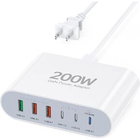 200W USB C Charger Block (C1:100W), Upgraded GaN III 6-Port Fast Charging Station Hub, PD 100W 65W USB C Laptop Charger Compatible with MacBook Pro/Air iPhone 16/15 Galaxy S23/S24 Steam Deck Dell XPS