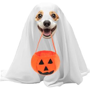 Mity rain Dog Halloween Costumes - Dog Ghost Costume 39.9 * 27.5" with Felt Pumpkin Trick or Treat Bucket, Large Dog Halloween Costumes, Funny and Cute Dog Costumes Clothes for Halloween Cosplay Party