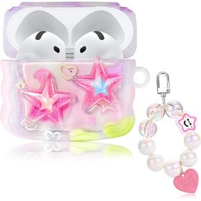 Cute Cases for AirPod 4 with Love Pendant Colorful Round Bead Keychain, Glitter 3D Stars Design Soft Protective Cover for AirPods 4th Generation 2024 Released